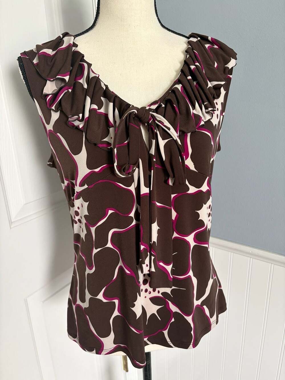 Worthington Stretch Floral Ruffle Neck Tie Front Blouse